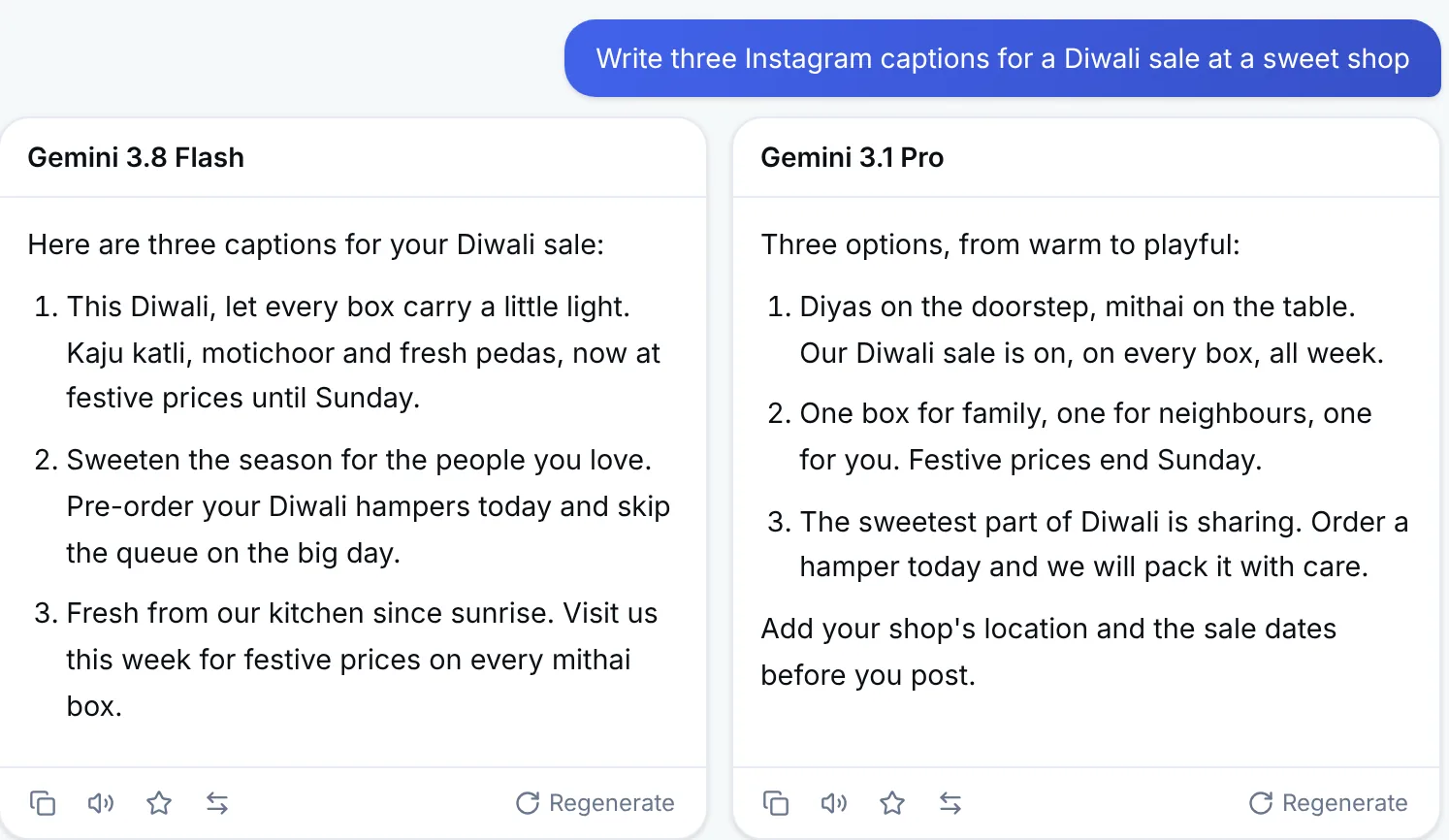 Gemini 3.8 Flash and Gemini 3.1 Pro answering the same question side by side