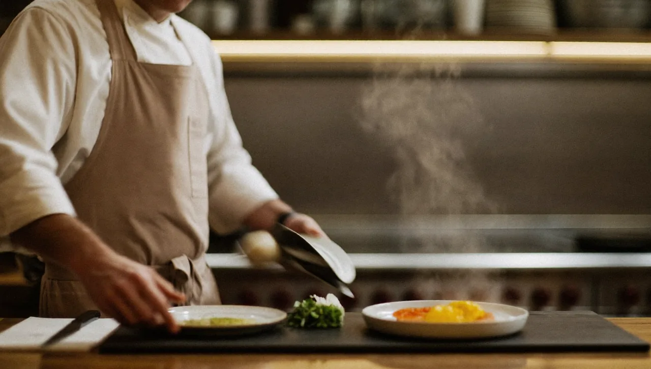 A chef plating a dish in a warm kitchen