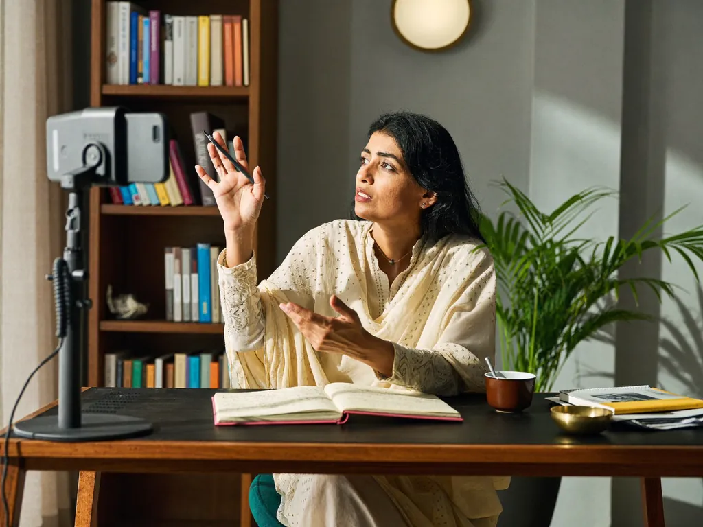 A consultant recording a short explainer at her desk